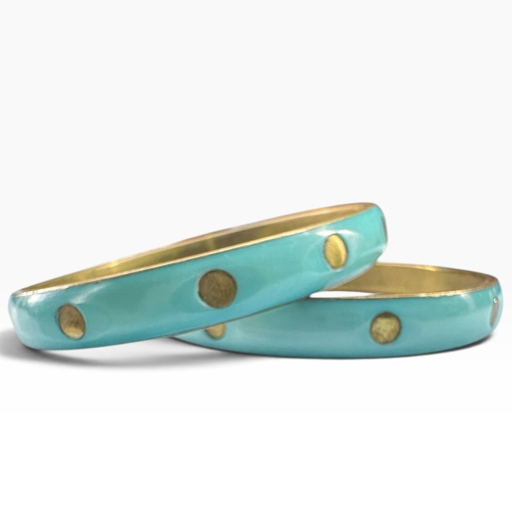 Vintage Turquoise Blue Enamel Brass Polka Dot Bangle Bracelets Stacking Set 2